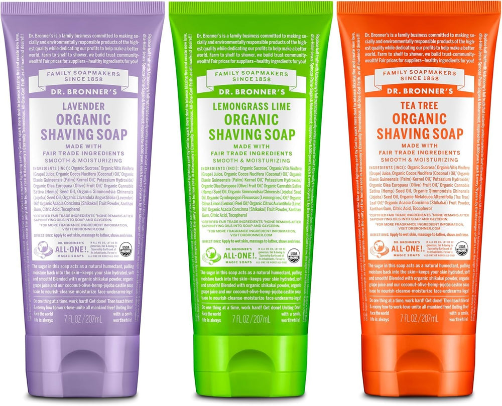 Dr. Bronner's Savon rasage Lavande 7oz — mousse douce et hydratante.