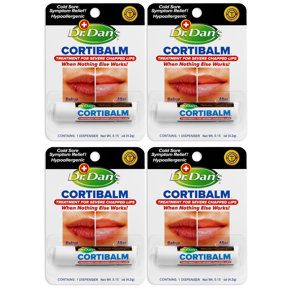 Dr. Dan's Cortibalm 4-pack box front highlighting lip care for dry lips