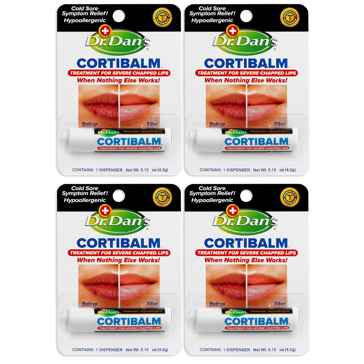 Dr. Dan's Cortibalm 4-pack box front highlighting lip care for dry lips