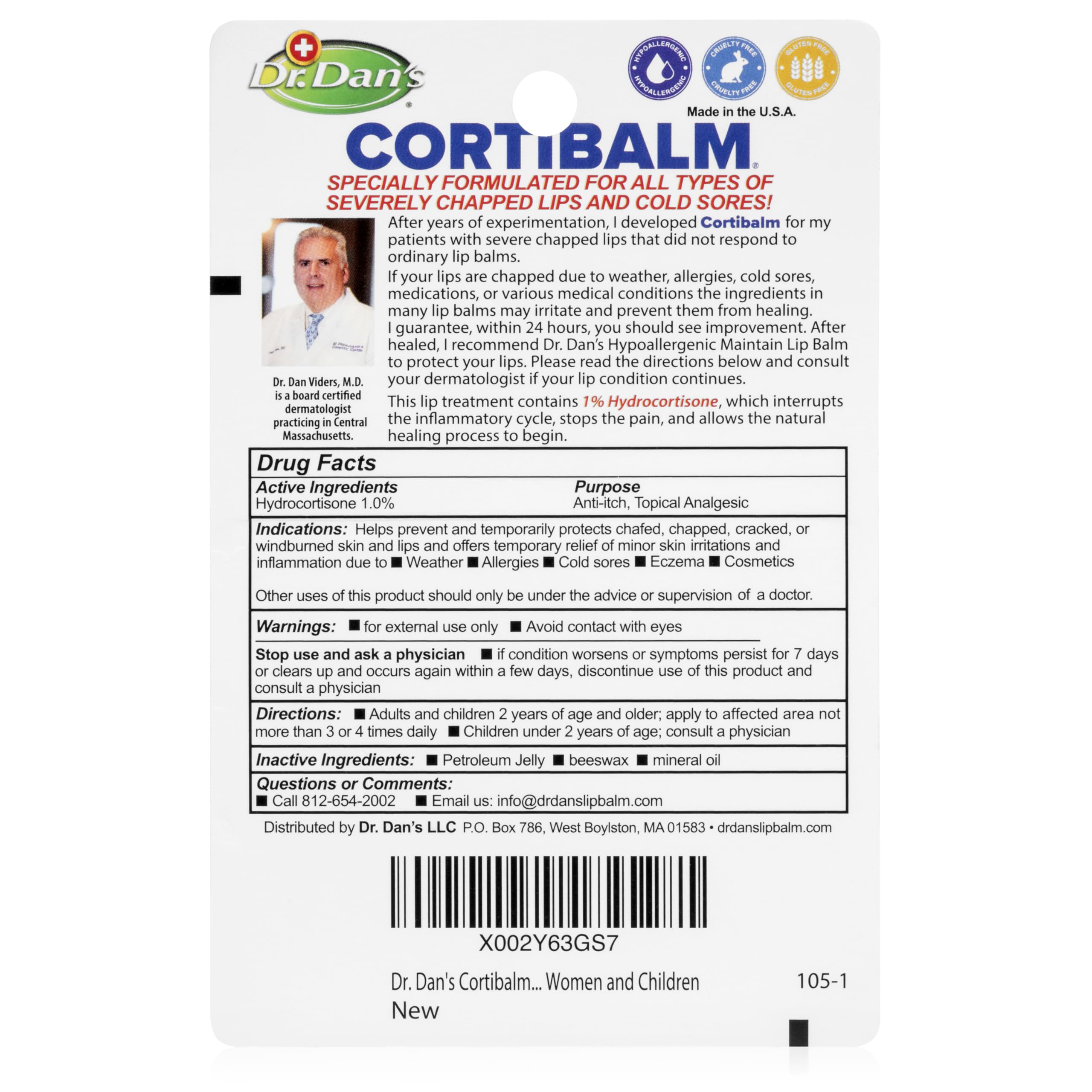 Dr. Dan's Cortibalm envase labial compacto, ideal para uso diario.