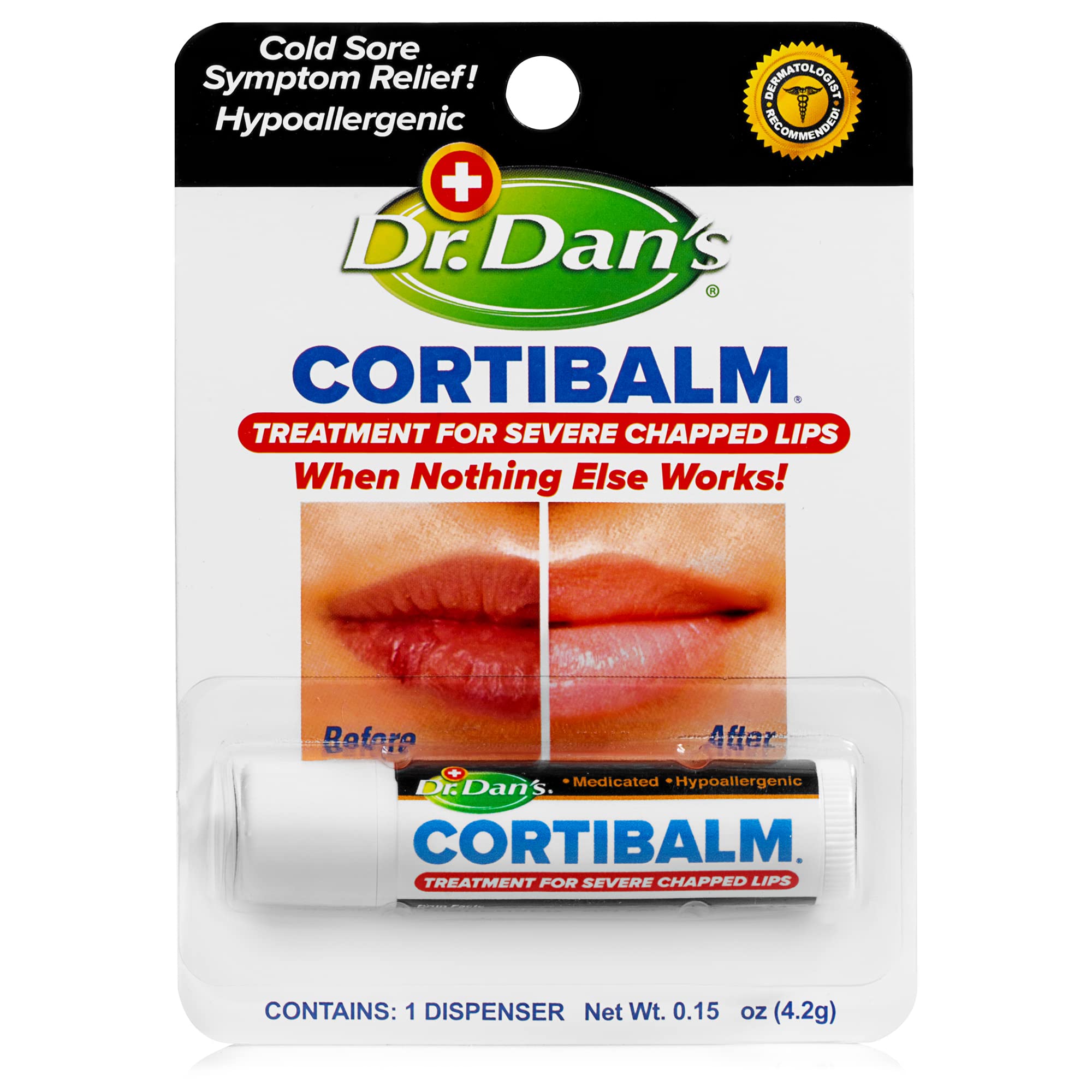 Dr. Dan's Cortibalm en empaque, bálsamo para labios sensibles.