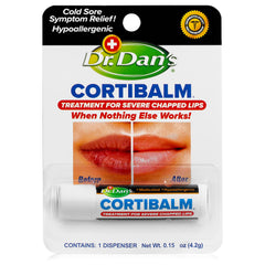 Dr. Dan's Cortibalm en empaque, bálsamo para labios sensibles.