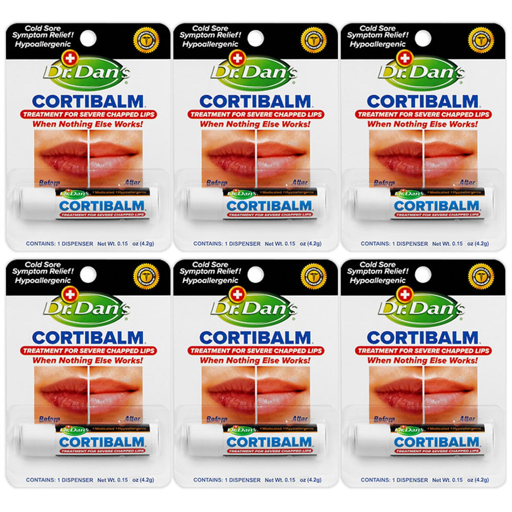 Dr. Dan's Cortibalm: paquete de seis barras para labios secos, ideal para el cuidado diario.