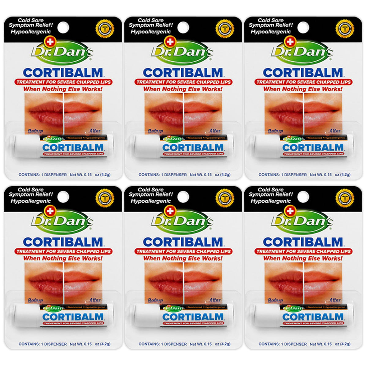 Dr. Dan's Cortibalm: paquete de seis barras para labios secos, ideal para el cuidado diario.