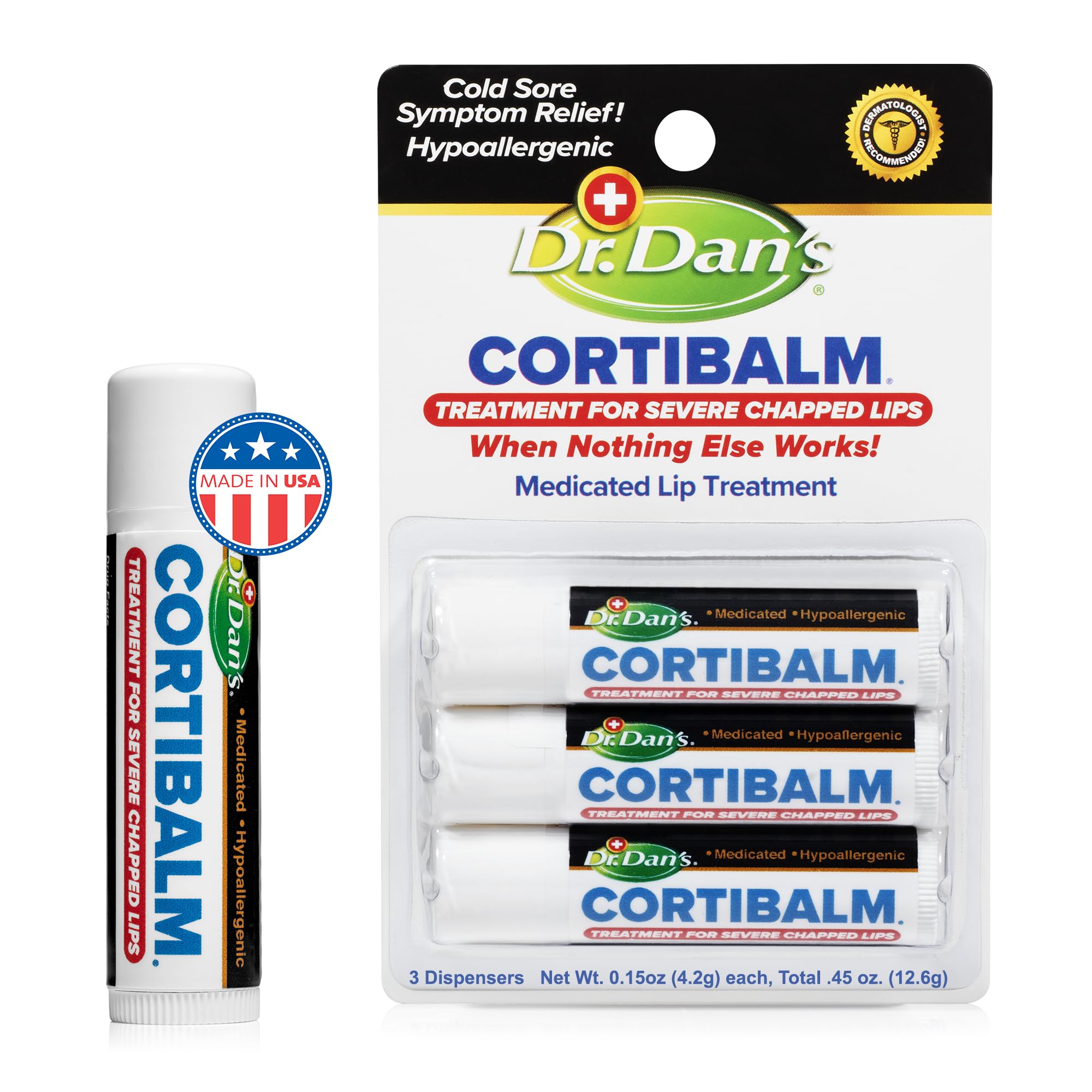 Dr. Dan's Cortibalm tres-pack, pomada labial para labios agrietados y secos.
