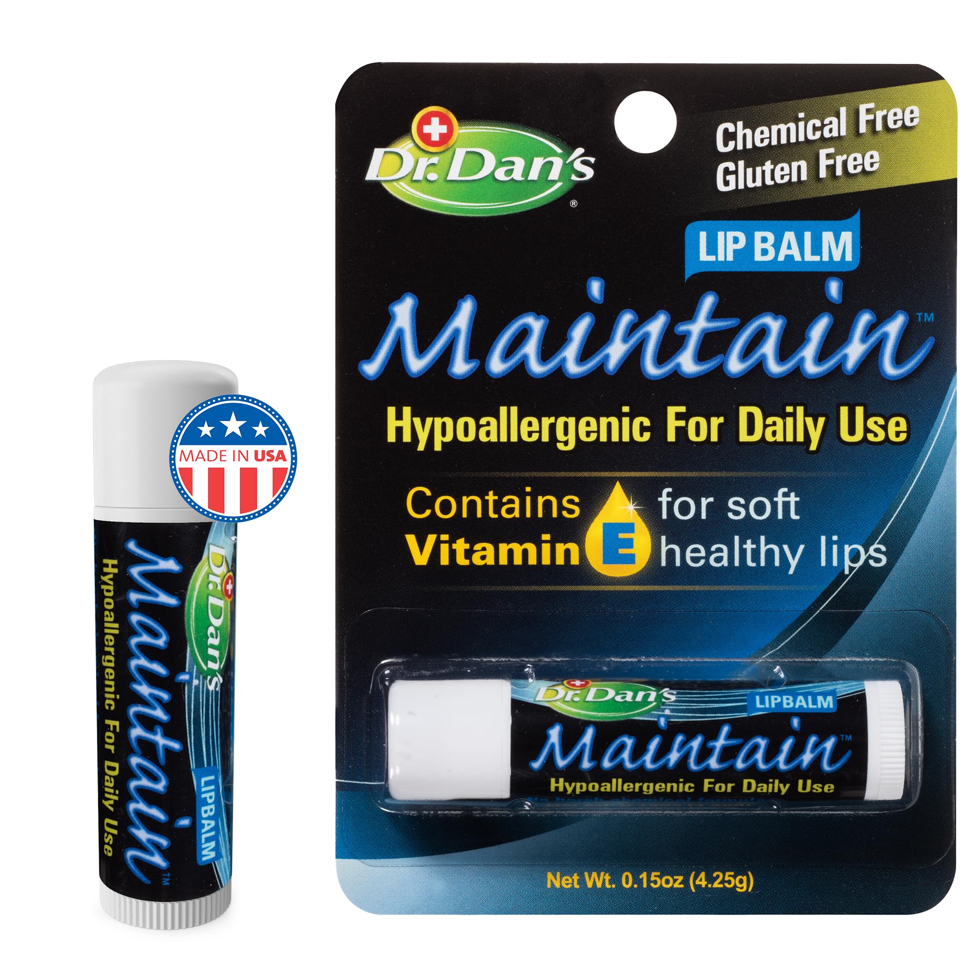 Bálsamo labial Dr. Dan's Maintain en estuche, hidratación suave para labios secos.
