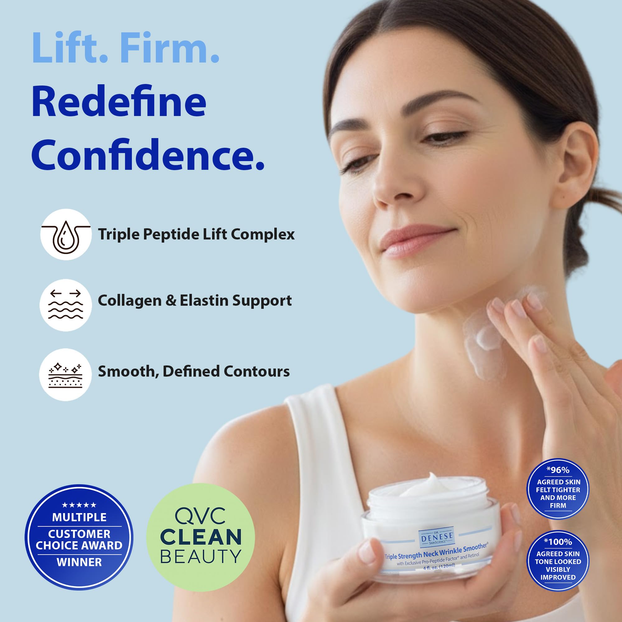 Dr. Denese crema cuello con textura ligera y absorción rápida.