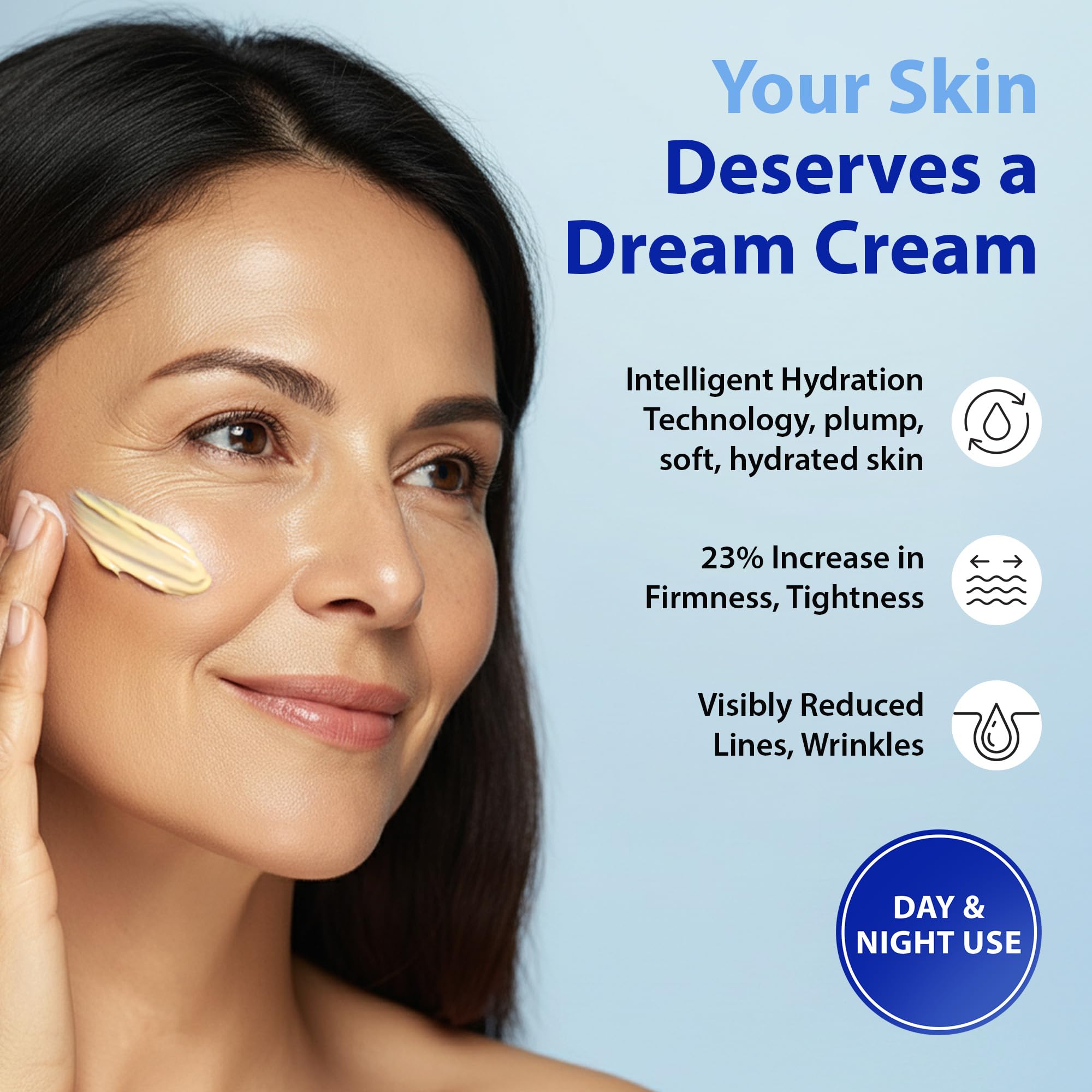 Crema hidratante de Dr. Denese con textura seda para rostro suave.