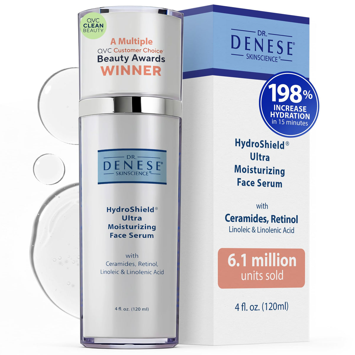 Dr. Denese SkinScience HydroShield – flacon du sérum, hydratation durable pour la peau.