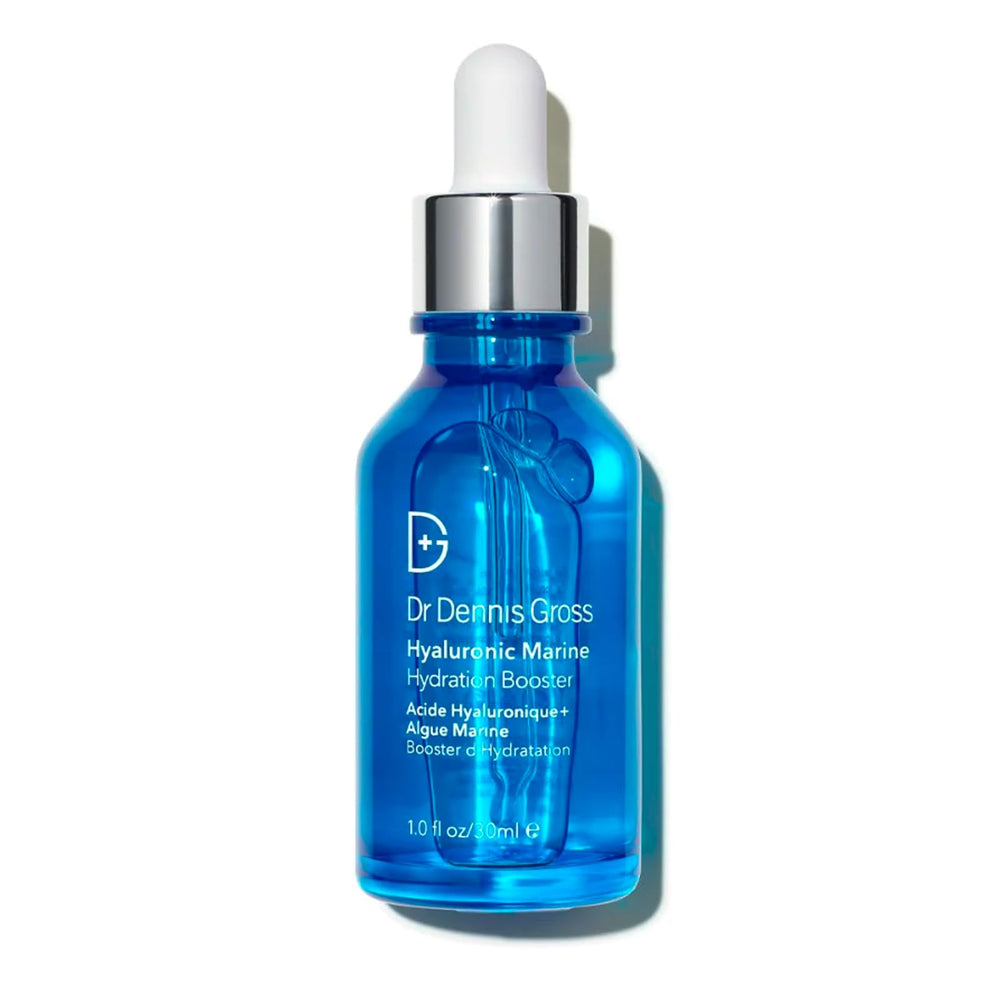 Dr Dennis Gross Hyaluronic Marine Hydration Booster — bouteille élégante pour hydratation légère et durable.