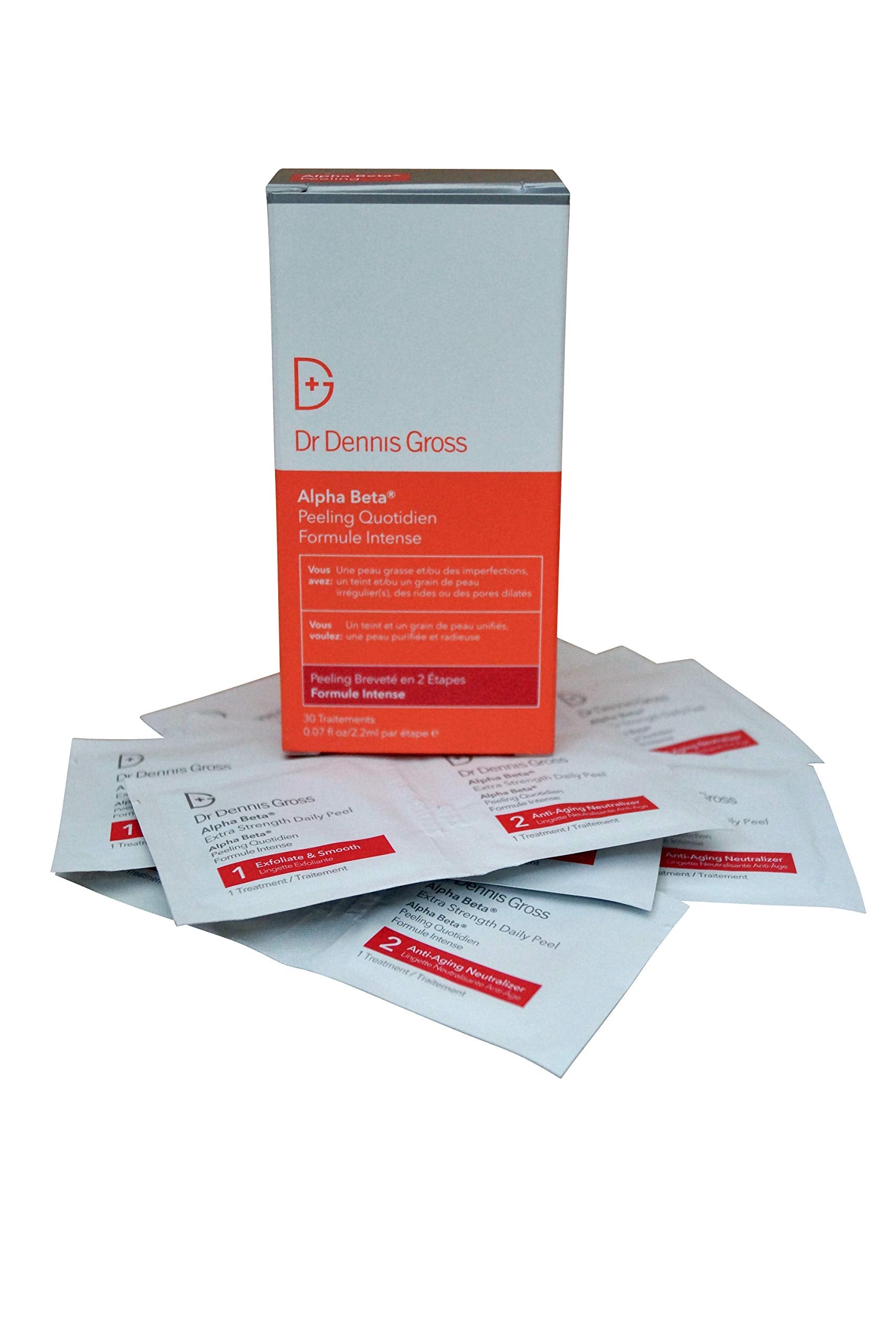Dr. Dennis Gross Skincare Alpha Beta Extra Strength Daily Peel en monodosis para exfoliar suavemente y textura lisa.