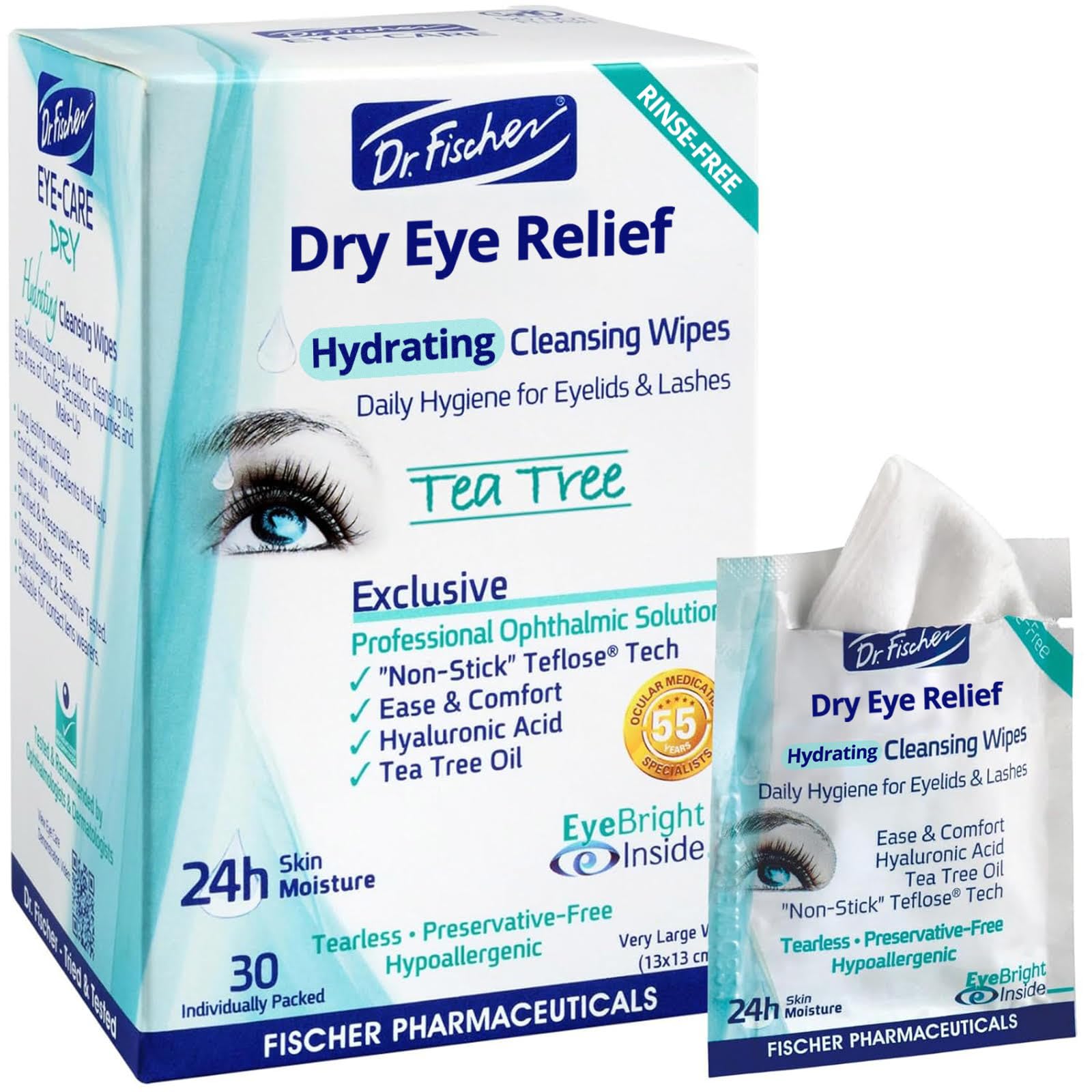 Dr. Fischer: toallitas para ojos con arbol de te, limpieza suave para ojos sensibles.