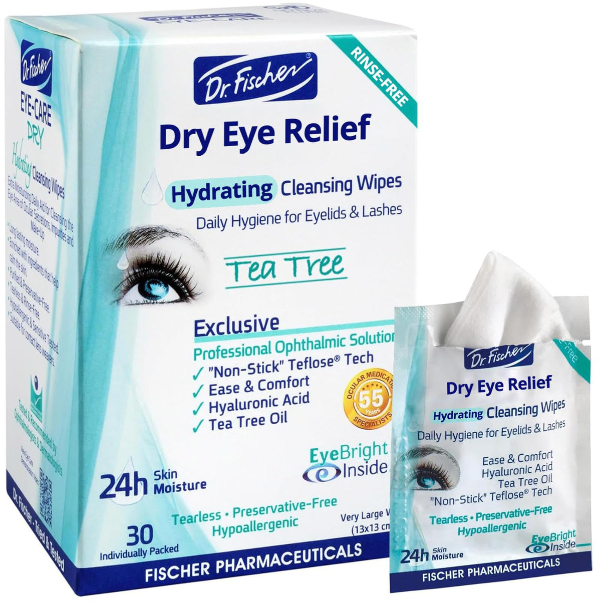 Dr. Fischer: toallitas para ojos con arbol de te, limpieza suave para ojos sensibles.