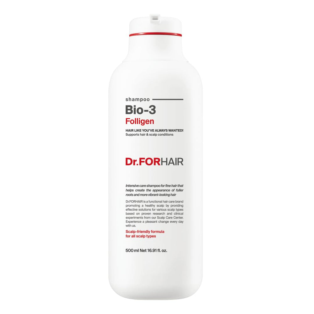DR.FORHAIR Folligen Bio-3 Champú, botella visible, mejora la apariencia del cabello.