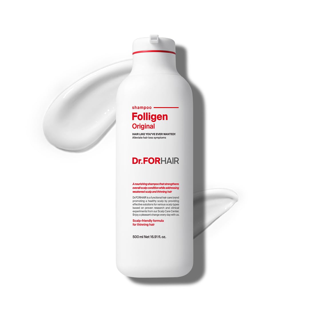 Dr.FORHAIR Folligen Shampooing – bouteille: cheveux visiblement plus volumineux après utilisation continue.