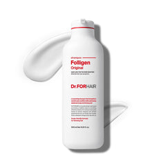 Dr.FORHAIR Folligen Shampooing – bouteille: cheveux visiblement plus volumineux après utilisation continue.