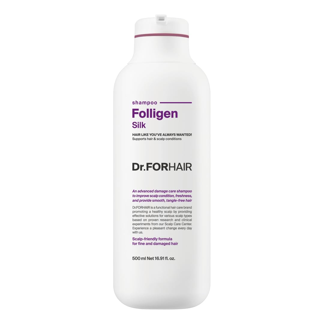 DR.FORHAIR Folligen Silk Shampoo botella: realce de volumen inmediato para cabello fino.