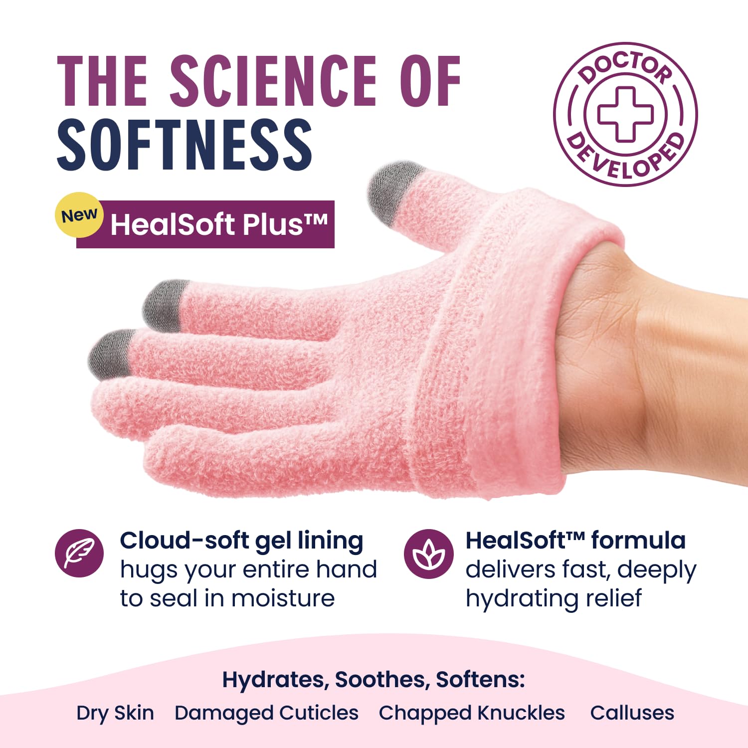 Guantes gel Dr. Frederick's Original exterior plush rosa para sensación suave.