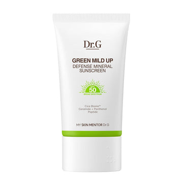 Dr. G Green Mild Up Defense bottle closeup showing lightweight mineral sunscreen