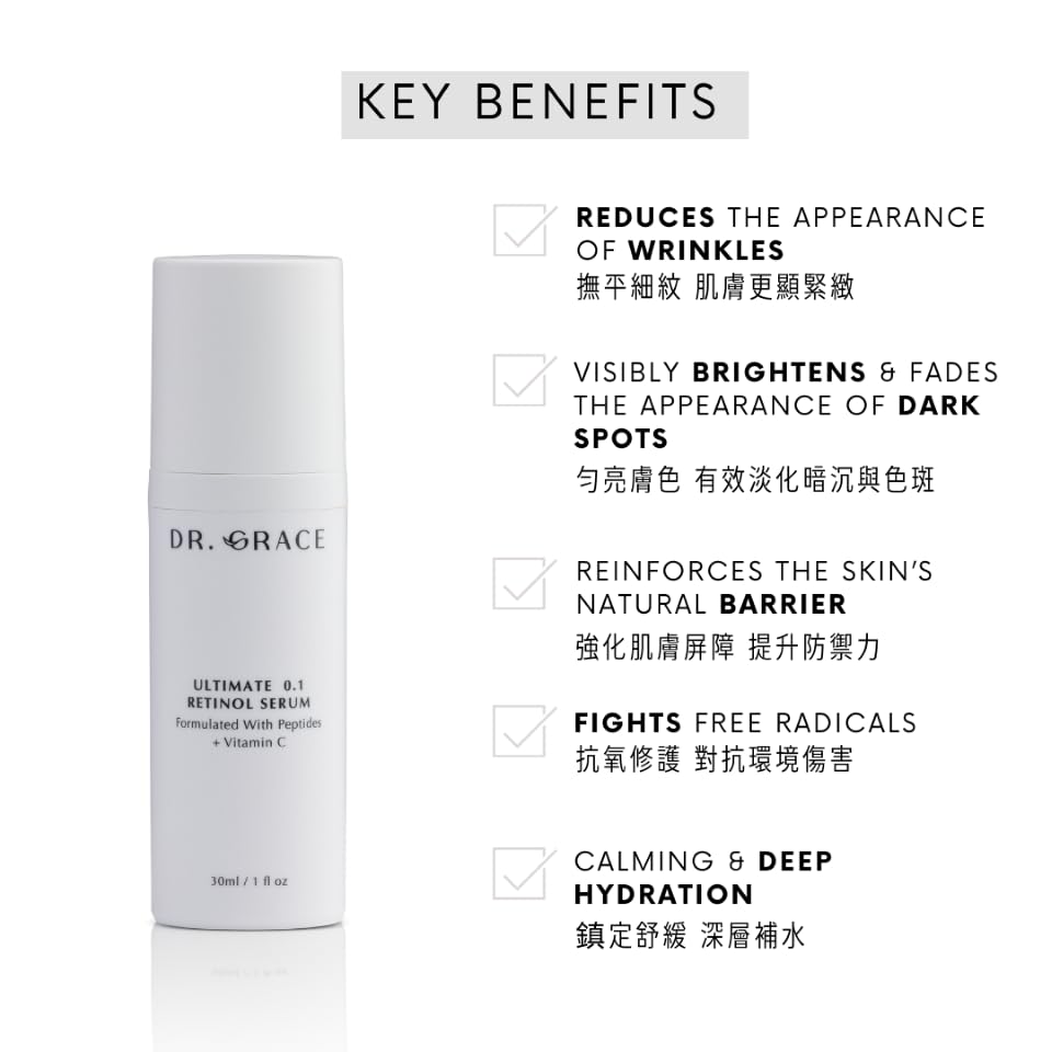 Dr. Grace Sérum Retinol 0.1, ingredientes estabilizados para menos irritación.