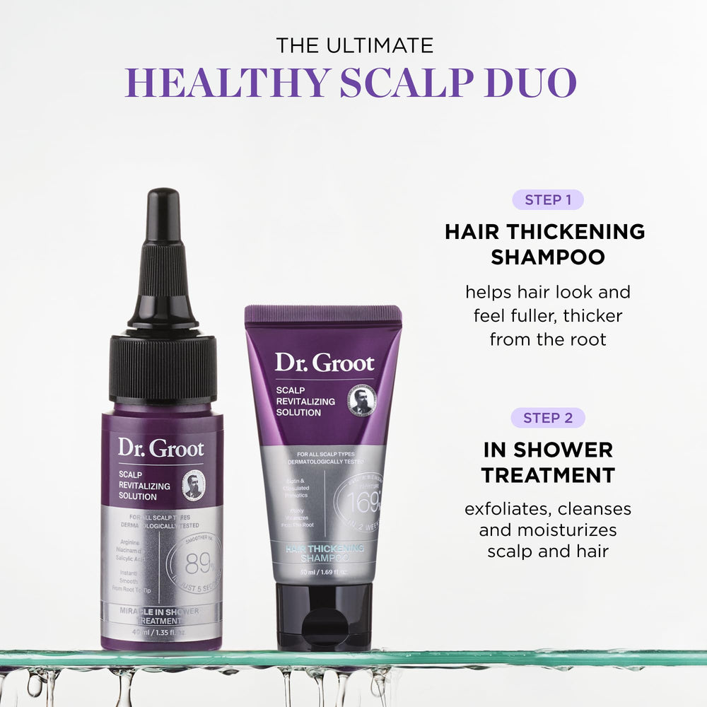 Shampoo engrosante Dr. Groot en botella, aporta cuerpo desde la raíz.