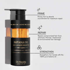 Dr Healdy Après-shampoing Batana: flacon illustrant l'hydratation en profondeur.