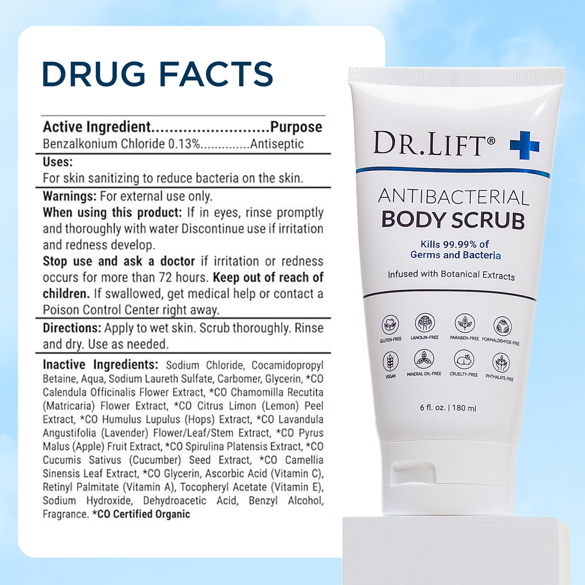 DR. LIFT exfoliante corporal, lavanda y vitaminas para balance de la piel.