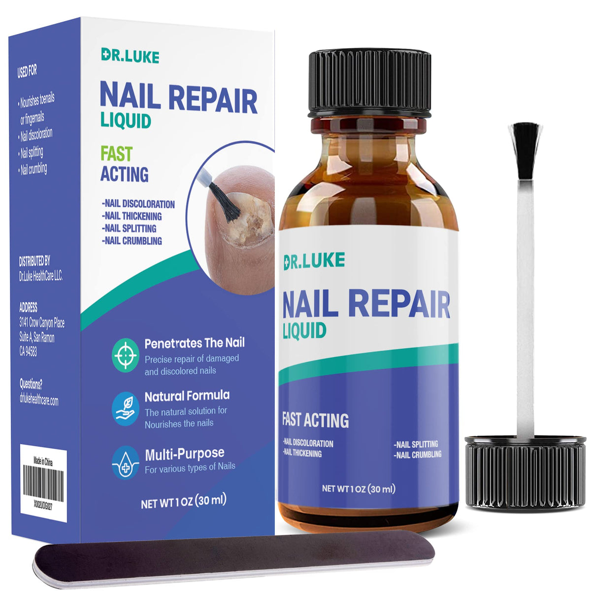 Dr. Luke Nail Repair Liquid en botella para aplicación precisa en uñas.