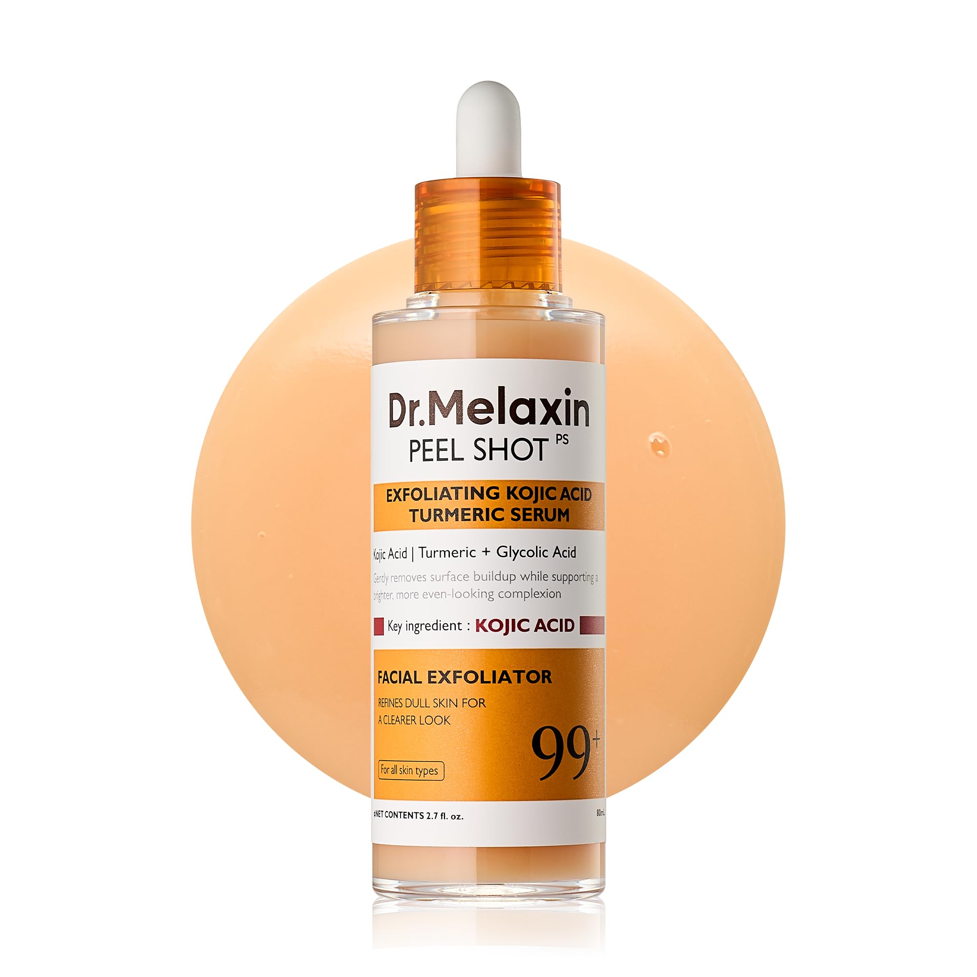 Dr.Melaxin Peel Shot, botella atractiva, cuidado diario con ácido kojico y cúrcuma.