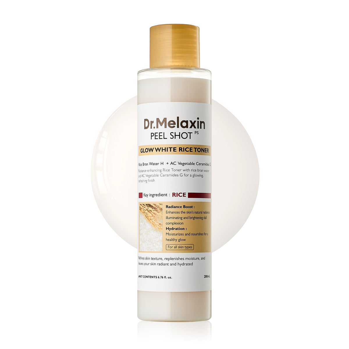 Dr.Melaxin Peel Shot Glow Rice Toner en bote, hidratación ligera para la piel.