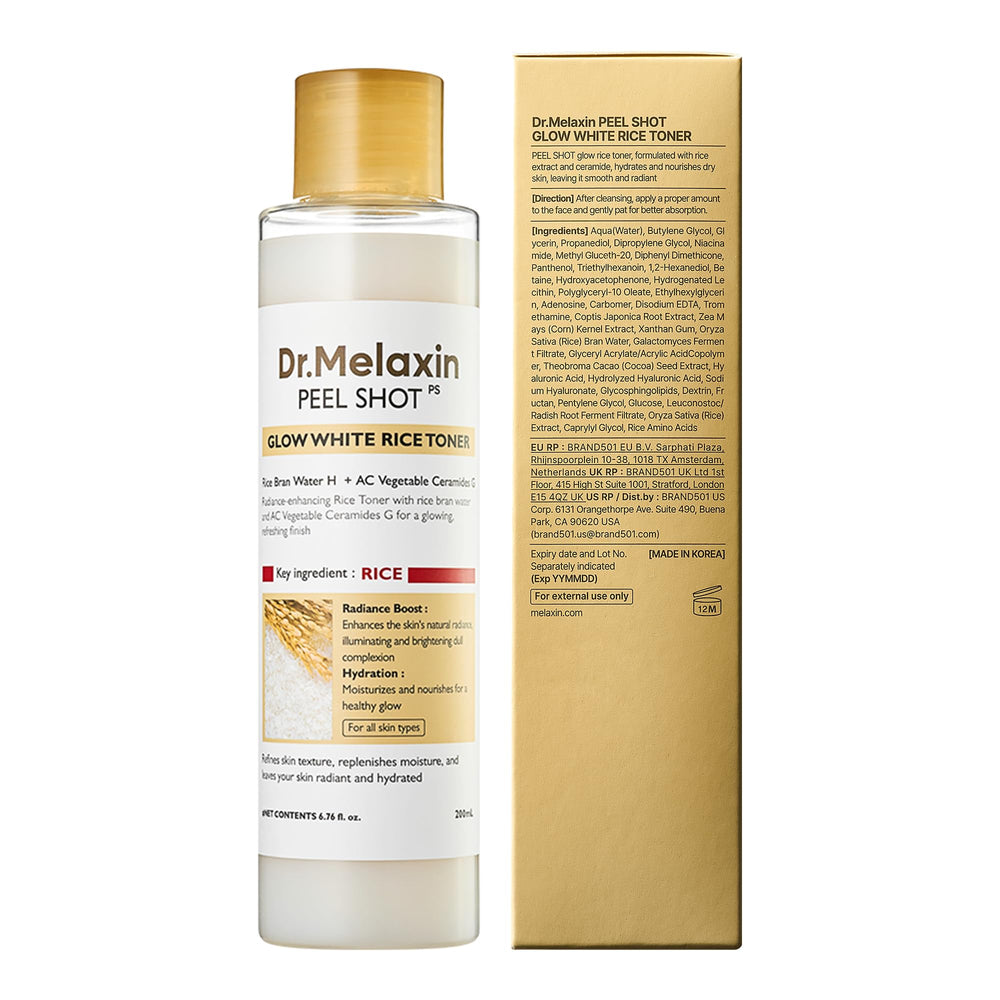 Embalaje de Dr.Melaxin Peel Shot Glow Rice Toner, diseño elegante y práctico.