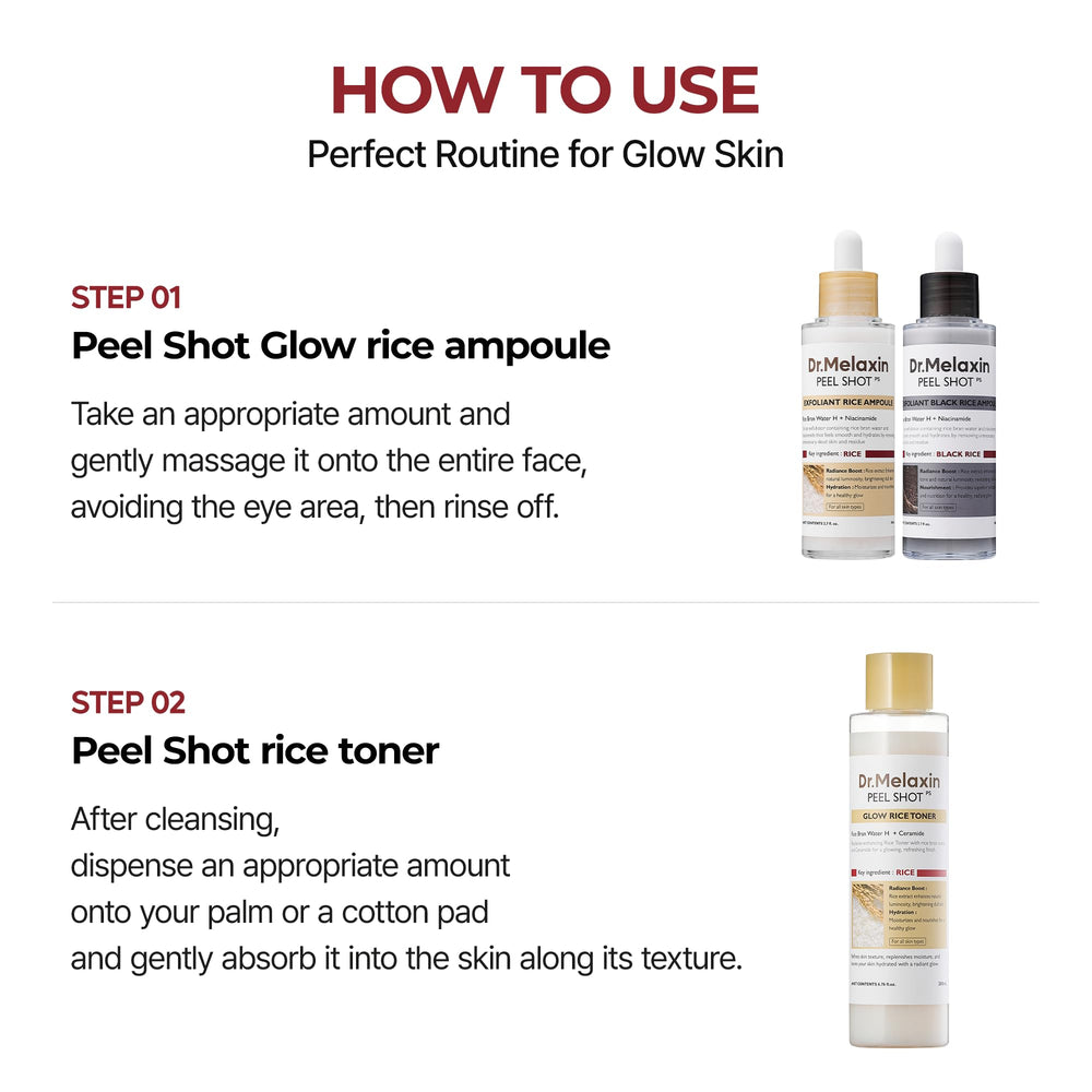 Rutina diaria con Dr.Melaxin Peel Shot Glow Rice Toner, piel suave y preparada.