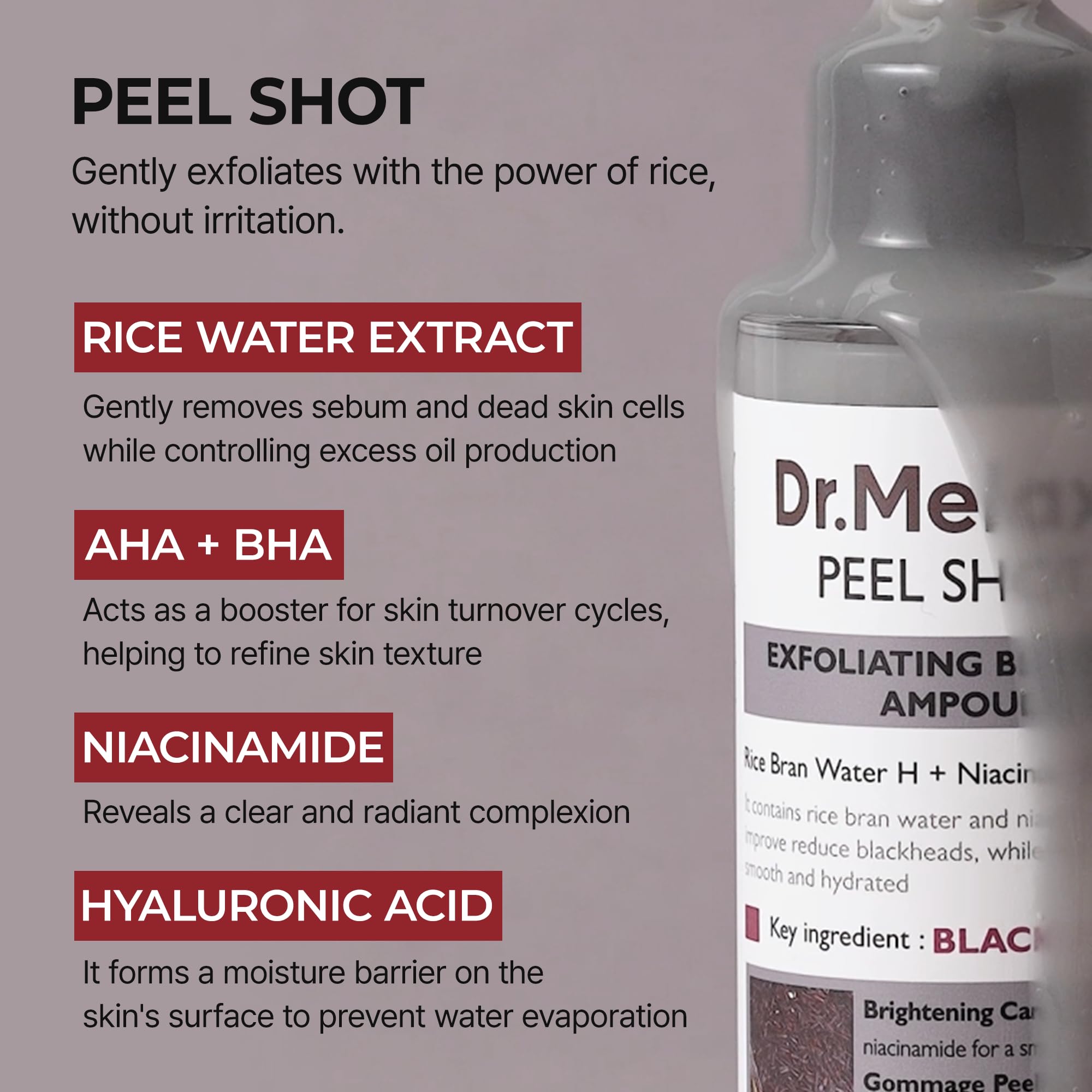 Dr.Melaxin Peel Shot Glow: hidratación profunda con arroz para piel suave.