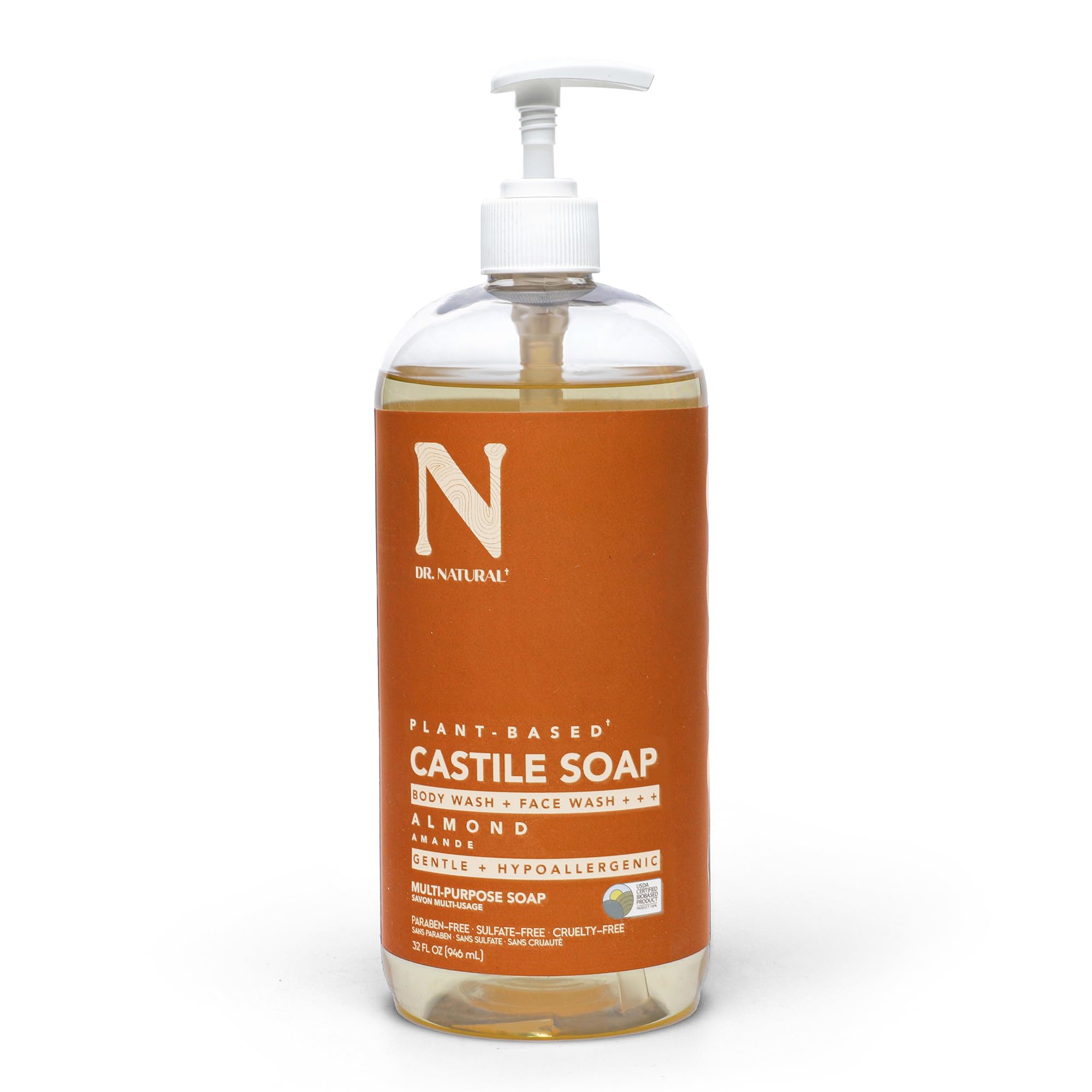Dr. Natural jabón Castilla almendras, vista frontal de la botella para usos múltiples