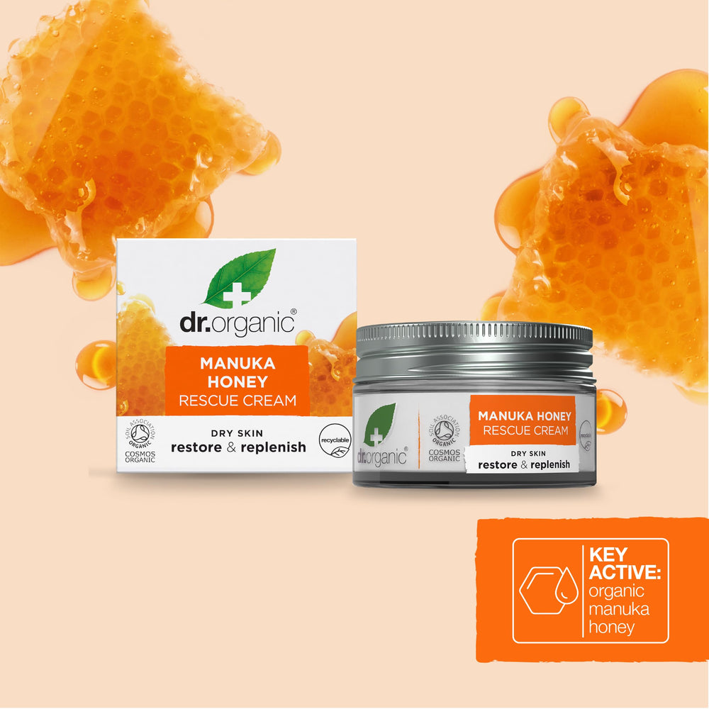 Dr. Organic Miel Manuka Rescate Crema: envase reciclable que cuida del planeta durante el cuidado facial.