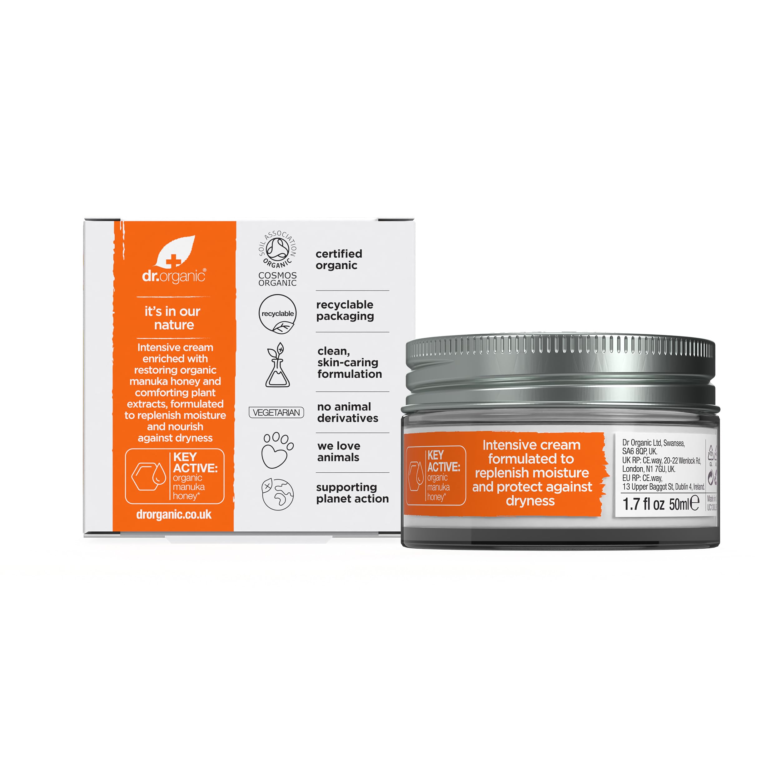 Dr. Organic Miel Manuka Rescate Crema: etiqueta certificada y uso diario para piel sensible.