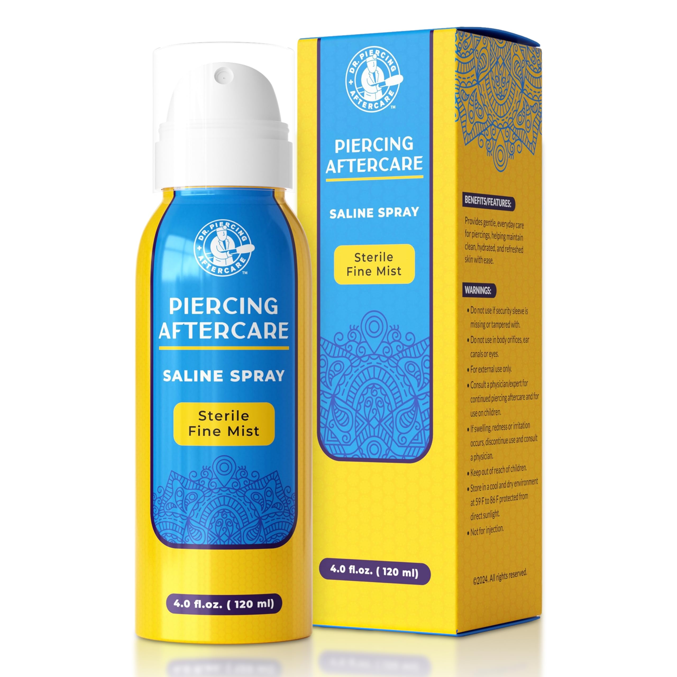 Dr. Piercing Aftercare, botella de 4 onzas, solución salina esterilizada para piercings.