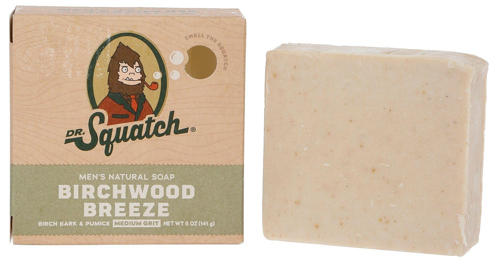 Dr. Squatch Birchwood Breeze: jabón en barra con grano medio para exfoliación suave y aroma amaderado.
