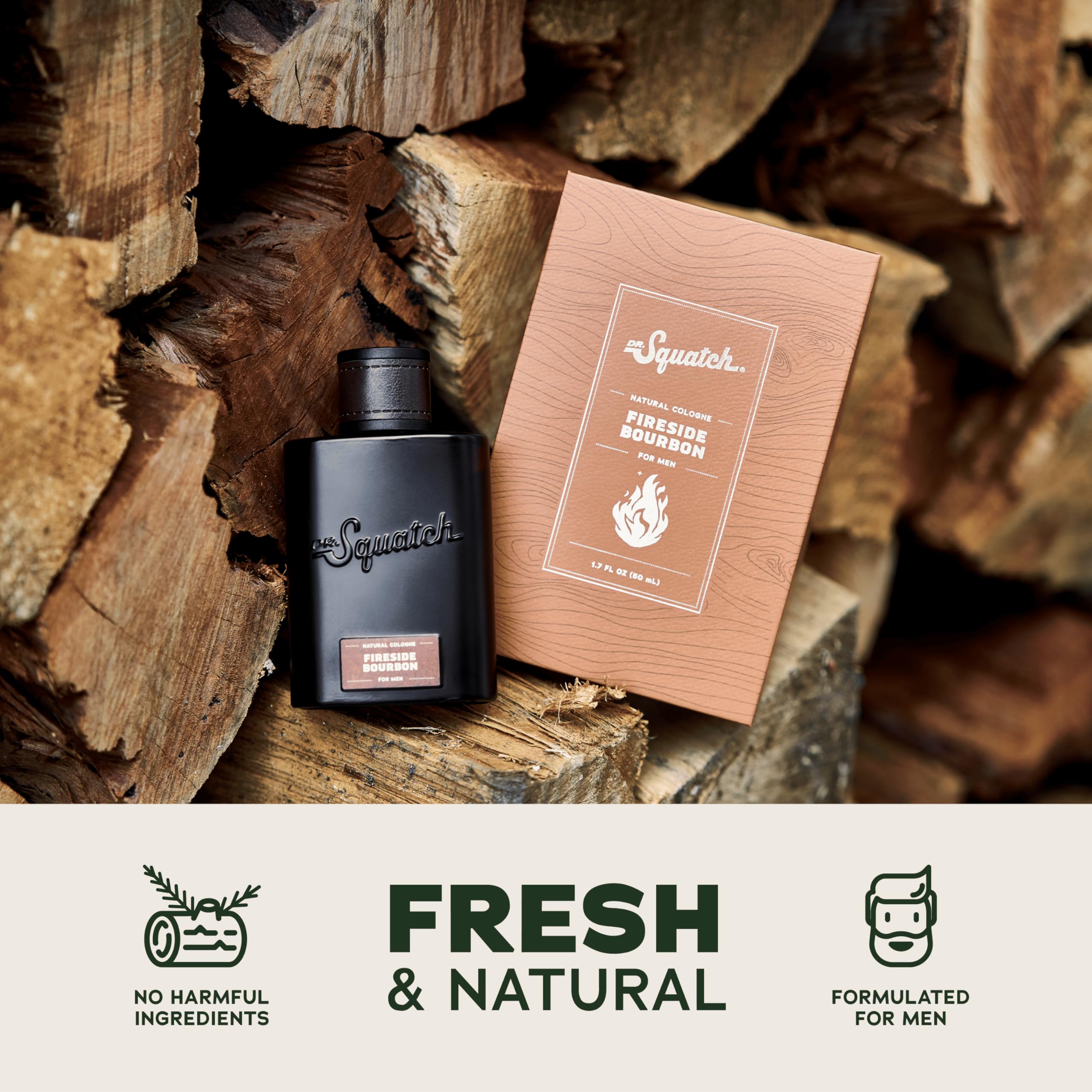 Dr. Squatch Colonia Fireside Bourbon, ingredientes sostenibles visibles para conciencia ecológica.