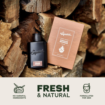 Dr. Squatch Colonia Fireside Bourbon, ingredientes sostenibles visibles para conciencia ecológica.