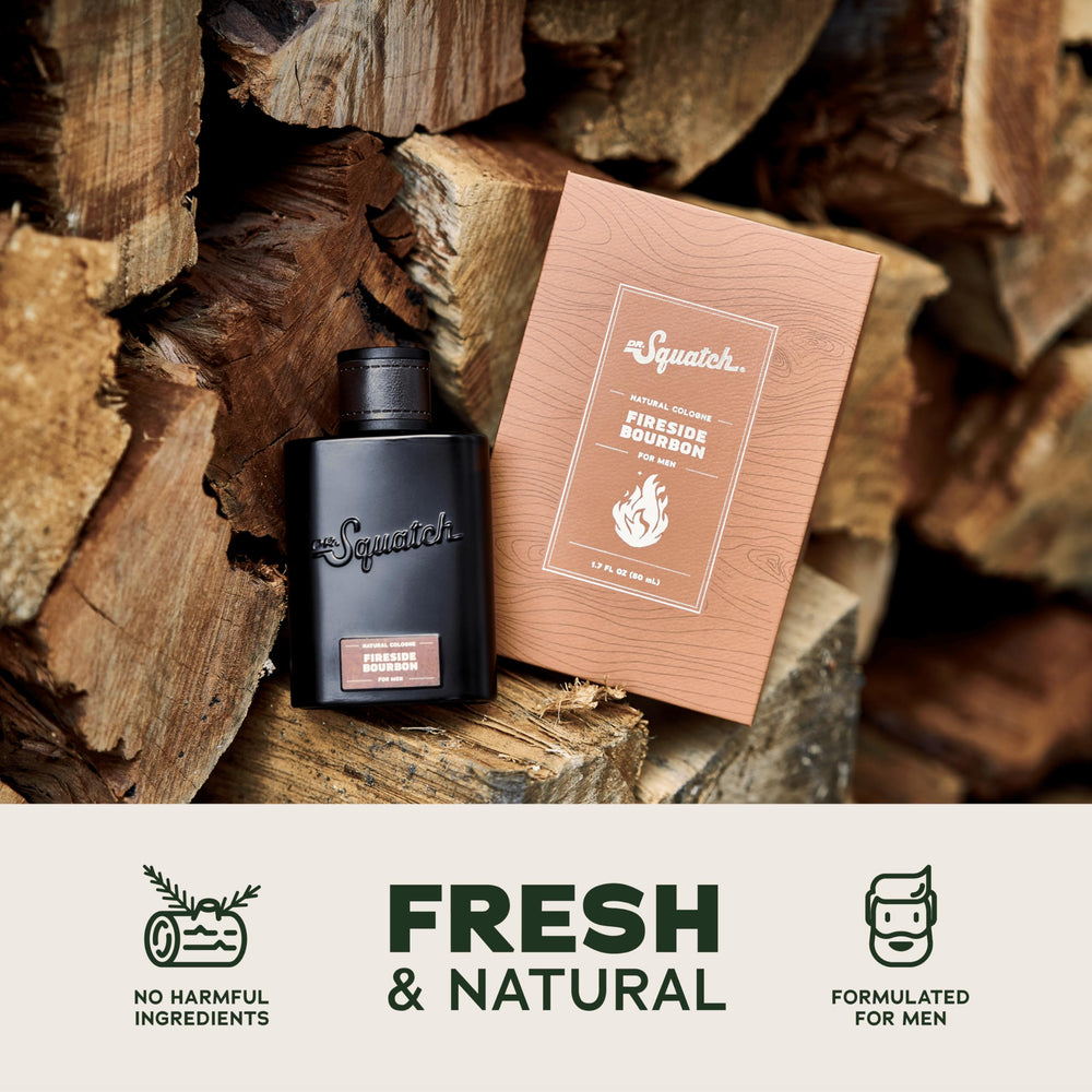 Dr. Squatch Colonia Fireside Bourbon, ingredientes sostenibles visibles para conciencia ecológica.