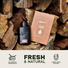 Dr. Squatch Colonia Fireside Bourbon, ingredientes sostenibles visibles para conciencia ecológica.
