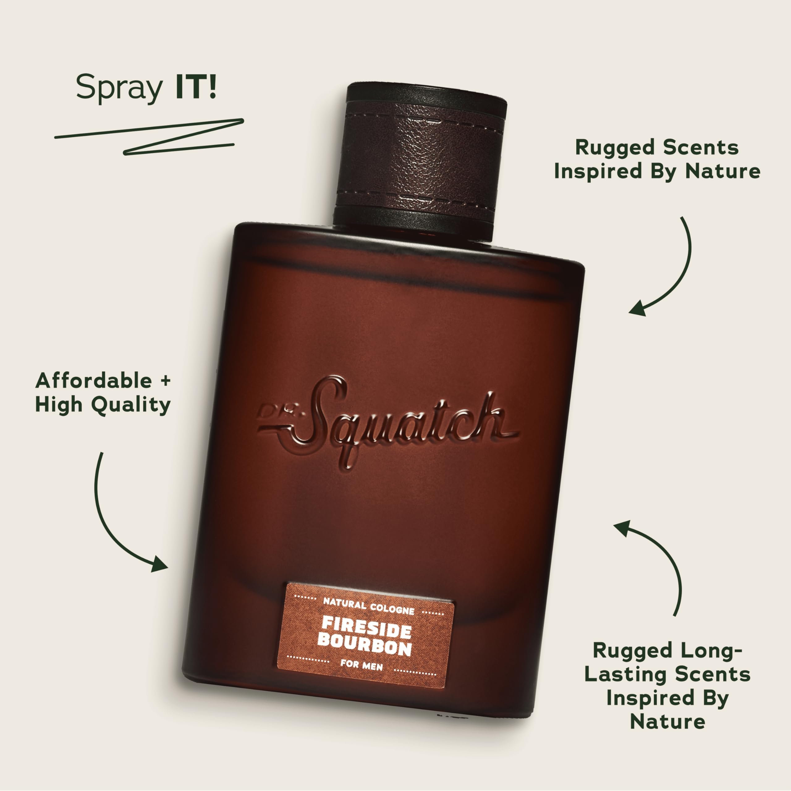 Dr. Squatch Colonia Fireside Bourbon, empaque elegante para salidas nocturnas.