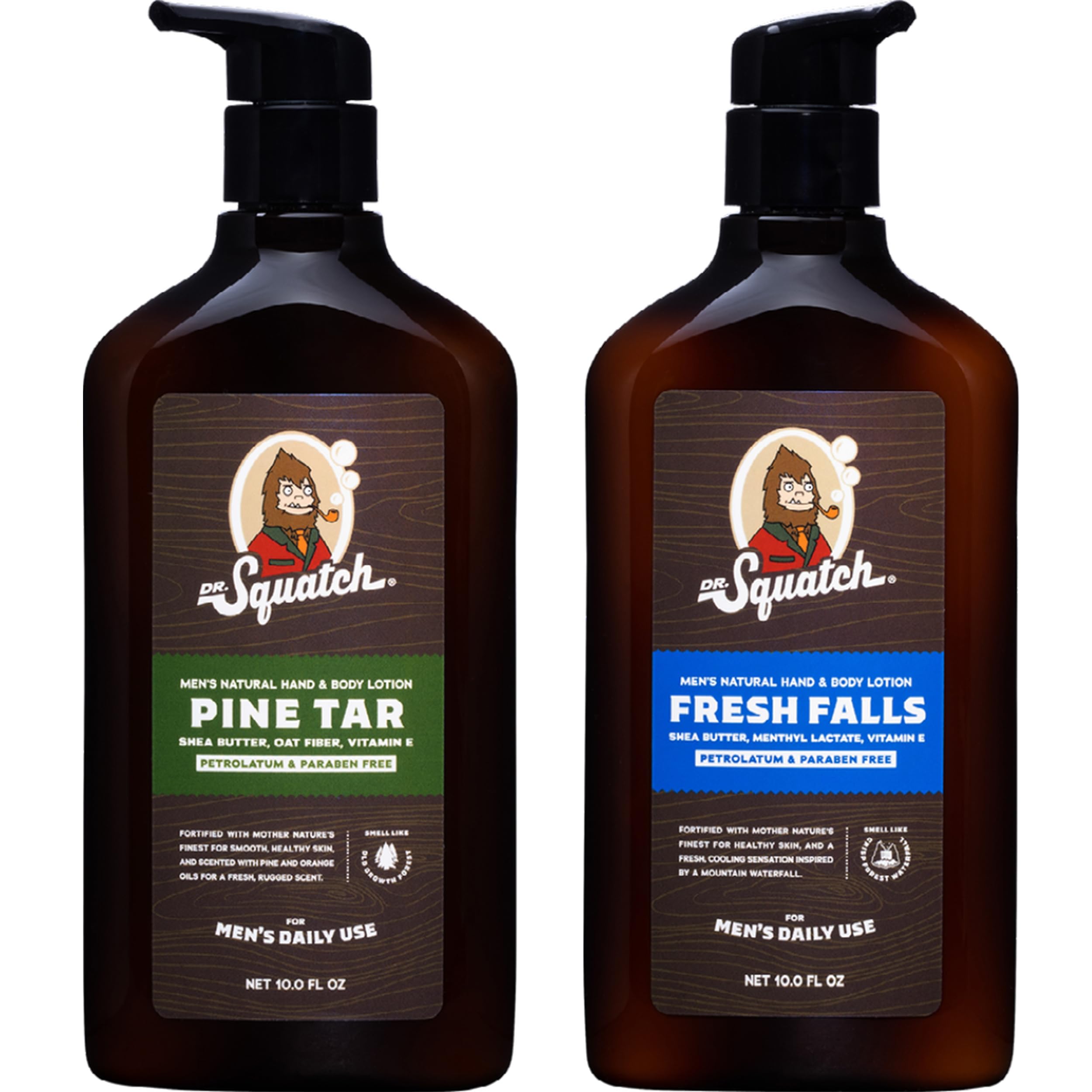 Dr. Squatch crema para manos y cuerpo, frasco visible, hidrata la piel masculina durante todo el día.