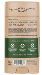 Desodorante Dr. Squatch Pine Tar, etiqueta, aroma rústico para hombres activos.