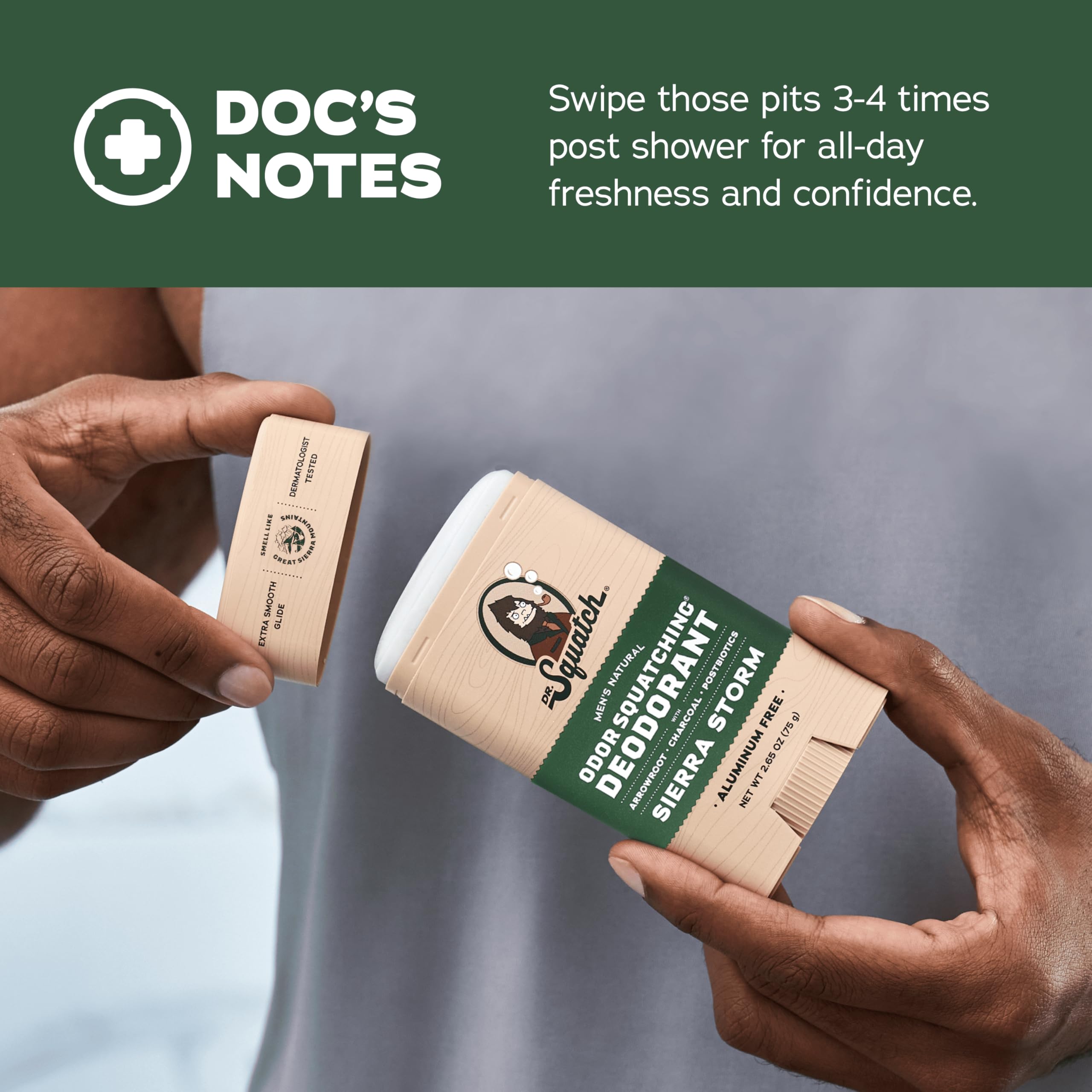 Dr. Squatch desodorante natural, barra de 2,65 onzas, diseño ergonómico para uso diario.