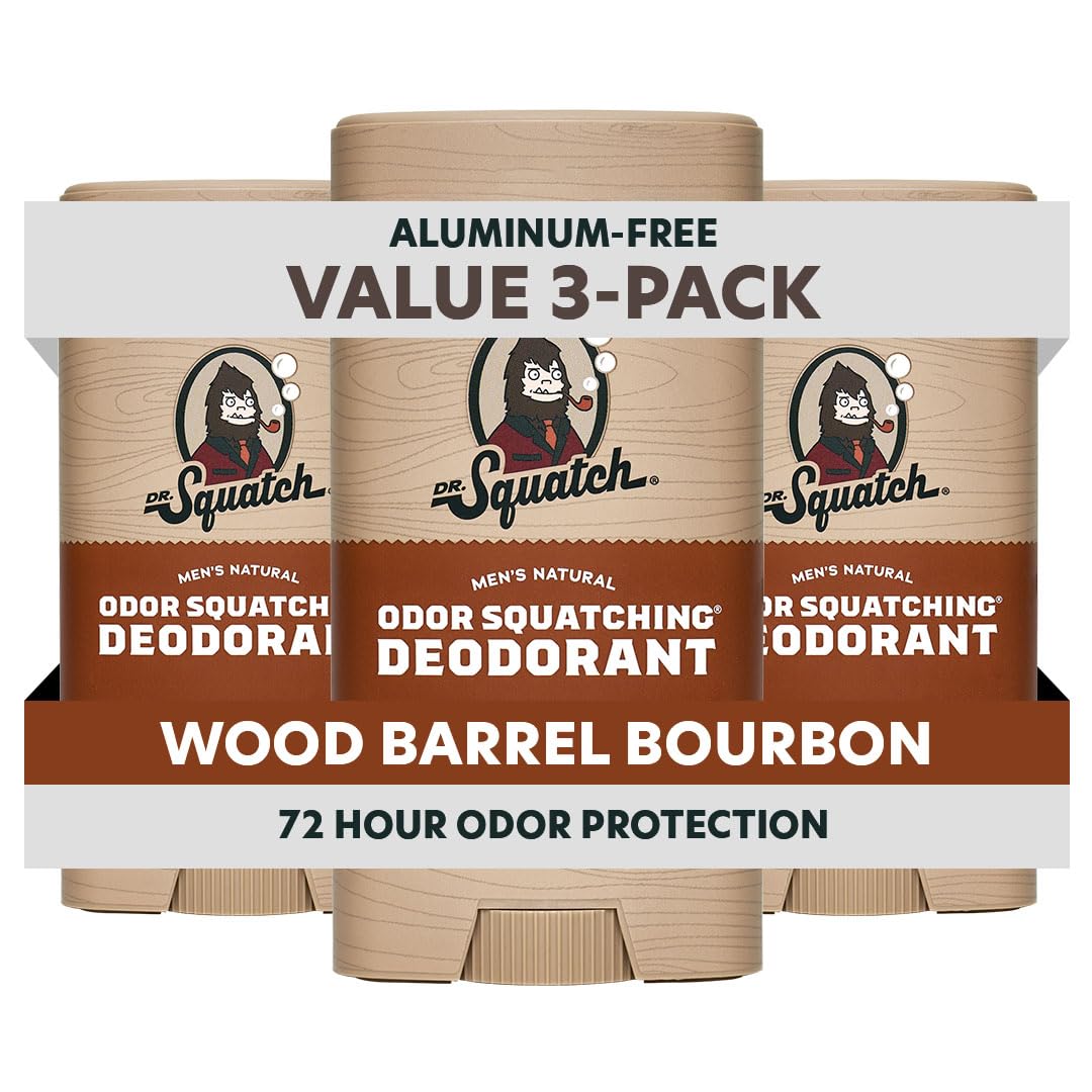 Desodorante natural Dr. Squatch para hombre en botella, aroma barril de madera bourbon y frescura.