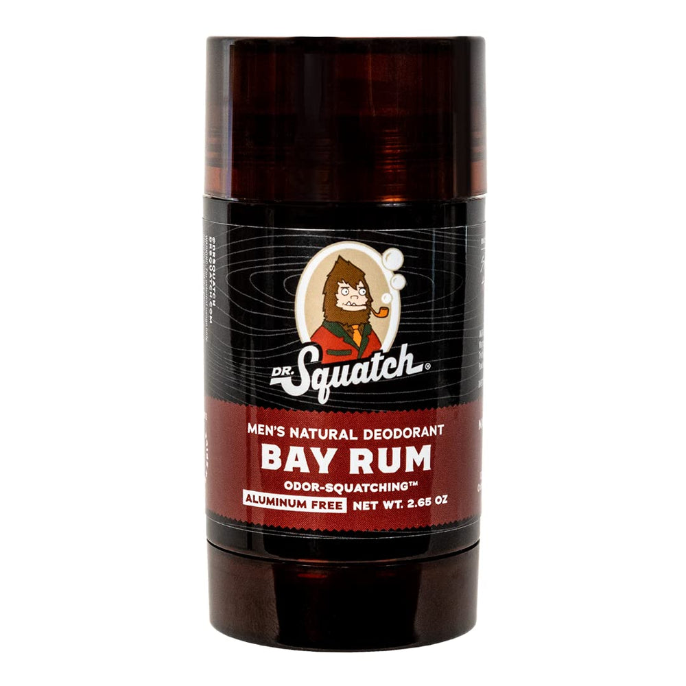 Dr. Squatch desodorante natural bay rum en botella, protección duradera y aroma vigorizante.