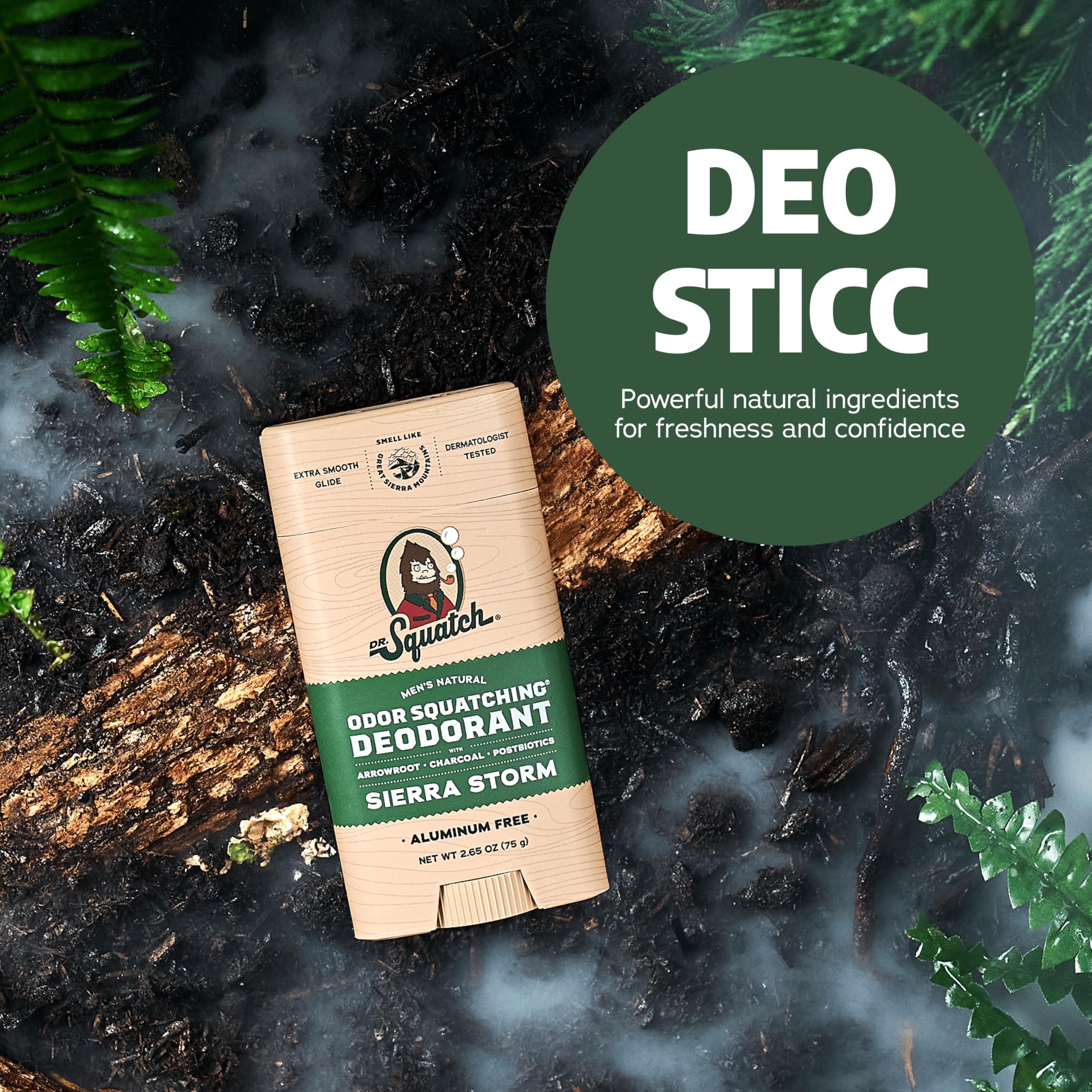 Dr. Squatch desodorante natural con carbón y postbióticos, ingredientes clave para el cuidado de la piel.