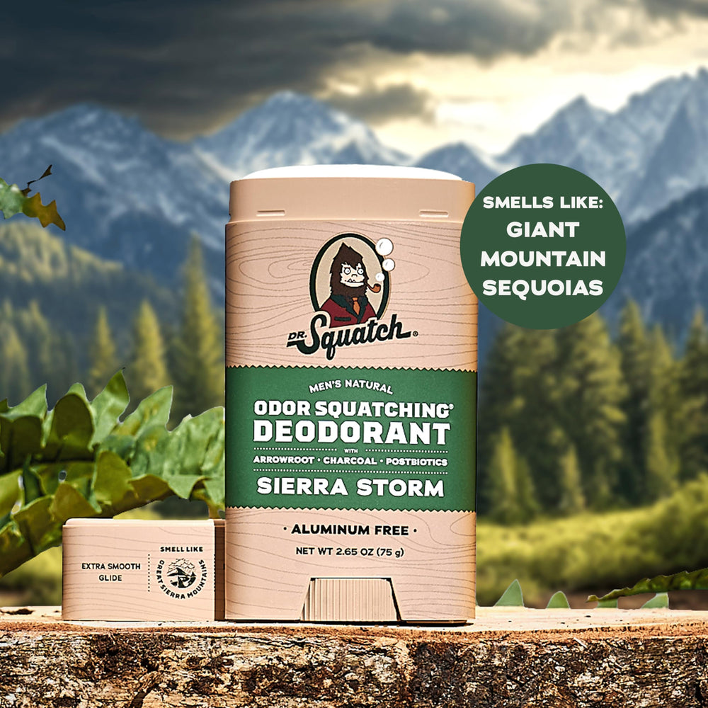 Dr. Squatch Mountain Meadow desodorante natural para hombres, aroma fresco y protección natural.